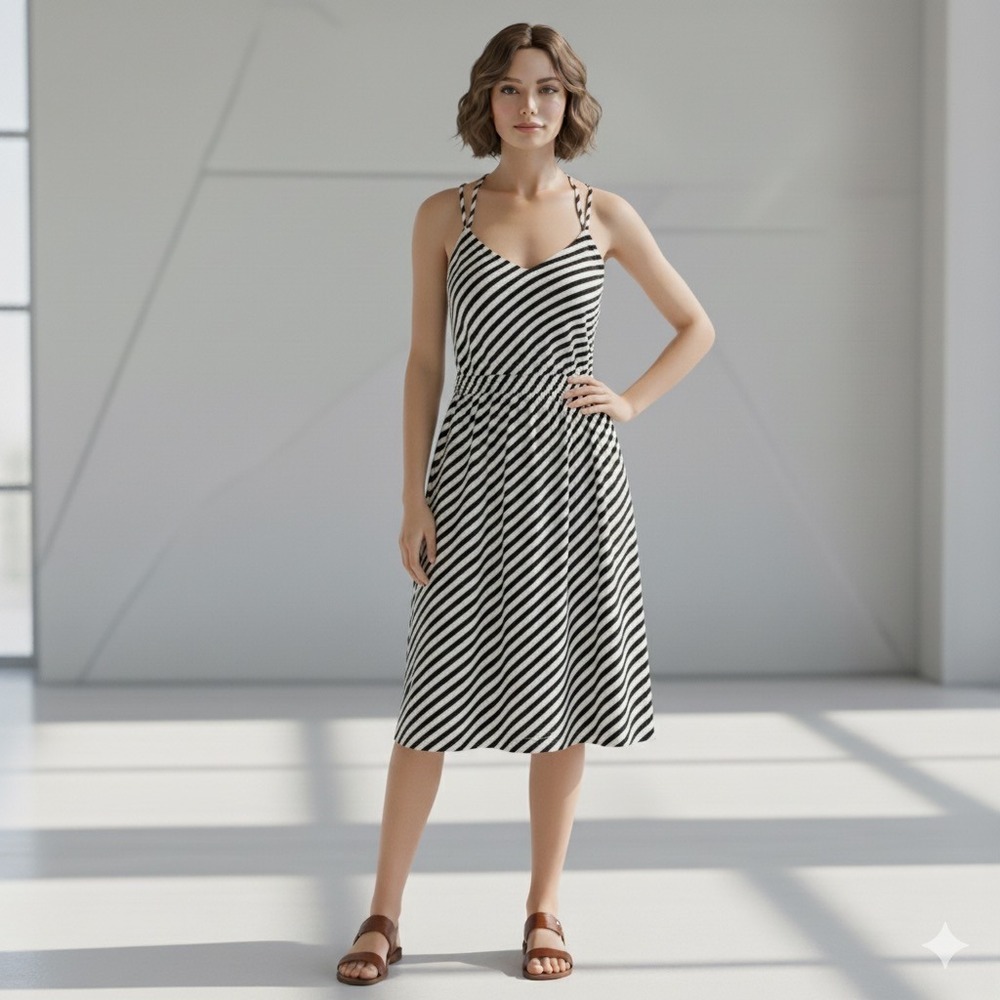 Striped Black and White Sundress with Tie-Strap Shoulders